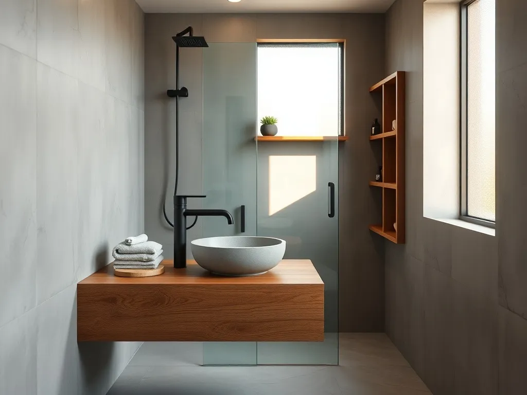 Mała łazienka beton i drewno - aranżacje i pomysły