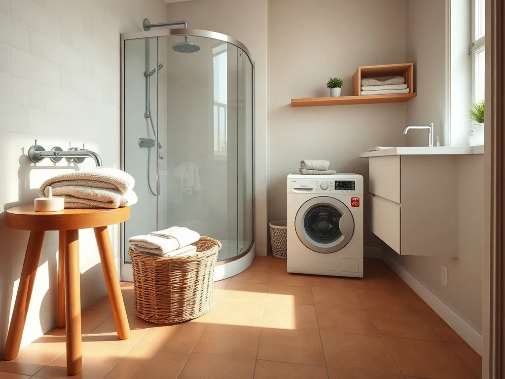 Aranżacja małej łazienki z prysznicem i pralką w bloku